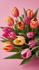 Obraz na płótnie Canvas Tulips bouquet on pink background with copyspace