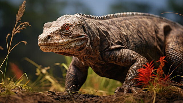 Komodo dragon close-up, portrait of big monitor lizard, wild reptile as ancient dinosaur in jungle. Concept of wildlife, nature, animal skin, Indonesia, wilderness, fauna