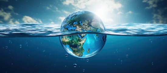 Foto op Canvas Closeup floating transparent blue earth globe on the deep sea water. Generate AI © Leafart
