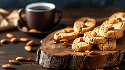  a pile of almond cookies sitting on top of a wooden cutting board next to a cup of coffee and a plate of almonds on the side of the table. - obrazy, fototapety, plakaty