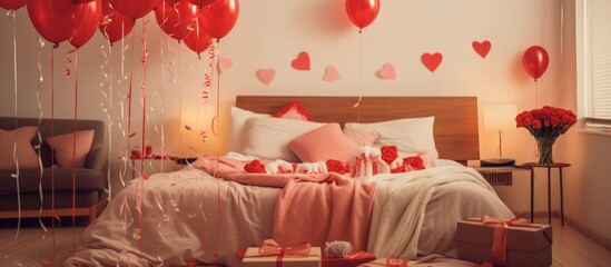 Valentine's Day bedroom decoration with Gifts in bedroom with air balloons. Generate AI image