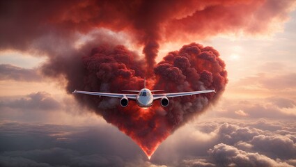 A heart-shaped cloud of red behind the plane in the sky. Romantic wallpapers - obrazy, fototapety, plakaty