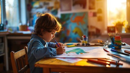 A child sitting at a table with art supplies, drawing a dinosaur on paper.
