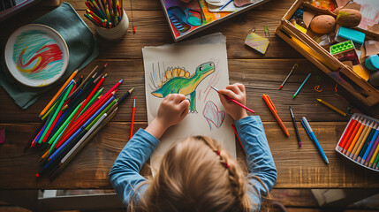 A child sitting at a table with art supplies, drawing a dinosaur on paper.