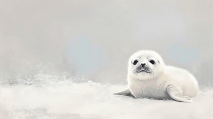  a small white seal sitting on top of a snow covered ground in front of a light gray background with a small white seal sitting on top of snow covered ground in front of it.