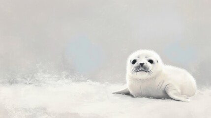 Fototapeta premium a small white seal sitting on top of a snow covered ground in front of a light gray background with a small white seal sitting on top of snow covered ground in front of it.