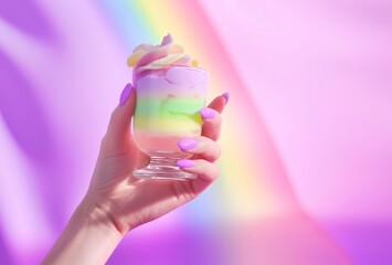 A Woman's Hand Holding n Layered Pastel Springtime Cocktail in Yellow, Purple, Pink on a Rainbow Background