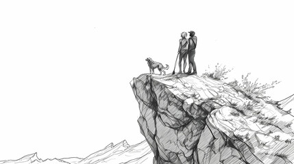 Obraz premium A Beautiful couple and a dog Stand on a mountain peak, Minimal line art, pencil pen sketch line art, isolated background, 