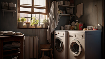 A small laundry room with a washing machine and dryer - obrazy, fototapety, plakaty