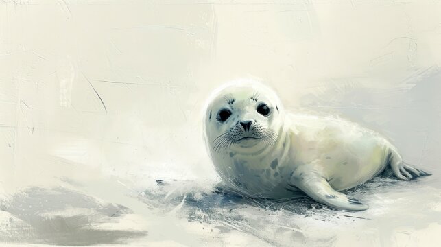  a painting of a seal with a sad look on it's face sitting on the ground in front of a white wall and a white background with gray background.