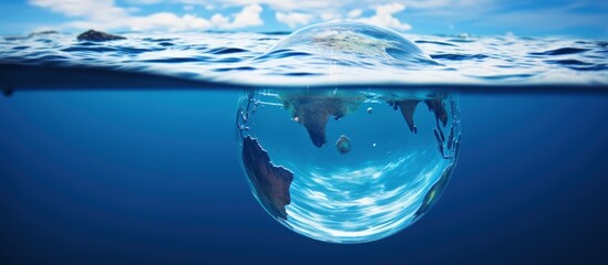 Closeup floating transparent blue earth globe on the deep sea water. Generate AI - obrazy, fototapety, plakaty
