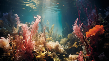 Underwater coral reef illuminated by the sun's rays with colourful plants and creatures - obrazy, fototapety, plakaty