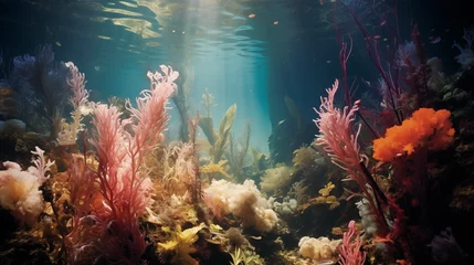 Papier Peint photo Récifs coralliens Underwater coral reef illuminated by the sun's rays with colourful plants and creatures