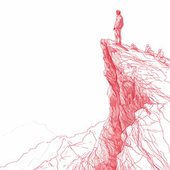 A man Stands on a mountain peak,  Minimal line art, Red pen sketch line art, isolated background, 