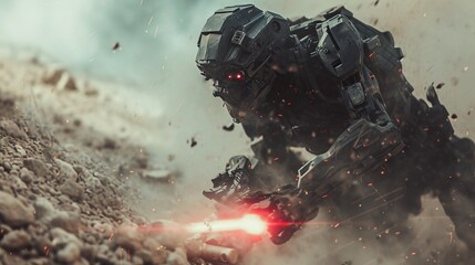 In a futuristic world, a fierce and determined robot with red eyes and a glowing light embarks on an action-packed adventure, brought to life through stunning digital compositing and cg artwork in th