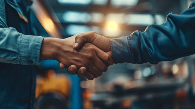 A mechanic offering a hand to a client in a workshop, dynamic and dramatic compositions, blurred background, with copy space