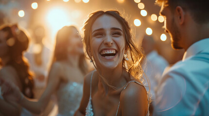 The wedding party laughing and dancing during the reception, wedding day, dynamic and dramatic compositions, blurred background, with copy space