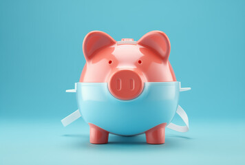 Piggy bank with a protective mask.Minimal creative financial concept.Copy space,top view.Generative AI