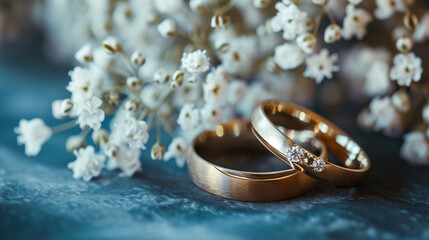 An intimate close-up of the wedding rings, symbolizing eternal love, wedding day, dynamic and dramatic compositions, blurred background, with copy space