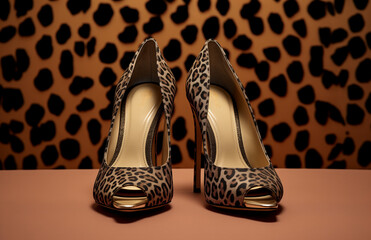 Fashionable animal  print Heeled shoes. Minimal fashion concept. Copy space, top view. Generative AI