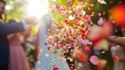 Guests throwing flower petals as the couple makes their grand exit, wedding day, dynamic and dramatic compositions, blurred background, with copy space