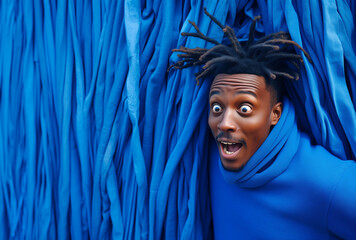 the face of a man with dreadlocks emerges from a stack of neatly arranged fabrics..Minimal creative fashion and nature concept.Copy space,top view.Generative AI - obrazy, fototapety, plakaty
