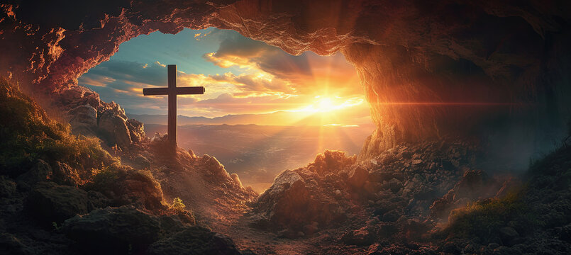 hermoso paisaje de atardecer con gran cruz de madera dentro de una cueva en lo alto de una montaña, sobre fondo de cielo, nubes y bella puesta de sol, concepto religiones ,pascua, semana Santa