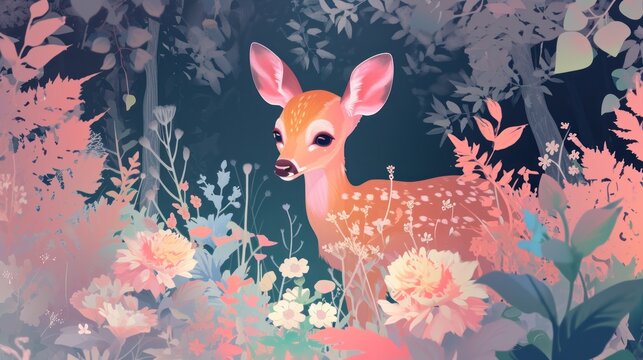  a digital painting of a deer in a field of flowers with a blue sky in the background and a pink and blue sky in the middle of the foreground.