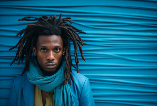 portrait of  a man with dreadlocks In front of a background of blue fabric.Minimal creative fashion and nature concept.Copy space,top view.Generative AI
