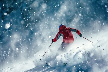 A skilled skier glides effortlessly down a snow-covered slope, their red ski equipment and determination standing out against the winter landscape