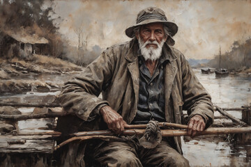 oil painting, portrait of an old fisherman man,close-up, printable art, picture to print on the wall