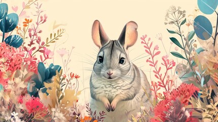  a digital painting of a rabbit in a field of flowers and plants, with a pink background and a beige background with blue, red, orange, pink, yellow, and green, and white flowers.