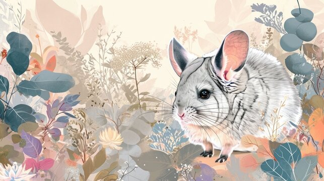  a painting of a mouse in a field of flowers and plants on a beige background with blue, pink, orange, and green leaves on the left side of the mouse is a.