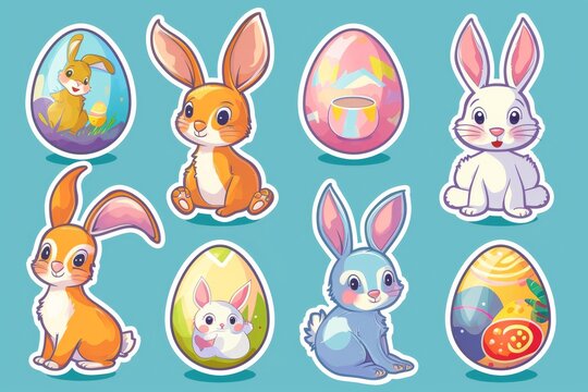 A playful gathering of adorable bunnies and colorful eggs, brought to life through charming cartoon illustrations, evoking childlike joy and innocence