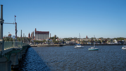 The Bridge of Lions spans the Matanzas River in Saint Augustine, Florida, on a clear winter day.