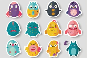 Obraz premium Vibrant clipart stickers featuring whimsical cartoon monsters, perfect for sparking a child's imagination and adding a playful touch to any art project