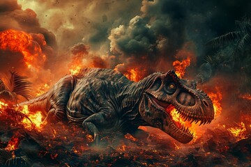 A majestic dragon-like dinosaur races across a fiery, explosive landscape, leaving a trail of smoke and intense heat in its wake as it runs on the molten lava