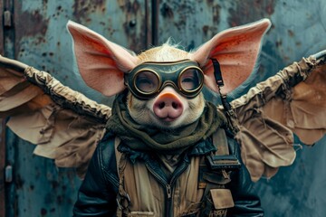 A cunning pig dons a mystical mask, embodying a powerful mammal-like figure with a skull motif and adorned in stylish clothing - obrazy, fototapety, plakaty