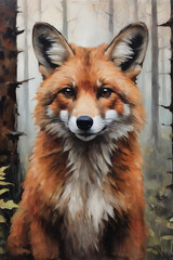 oil painting, fox portrait, beautiful landscape, printable art, picture to print on the wall