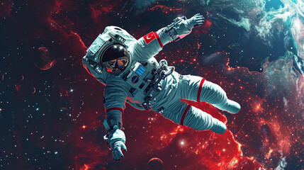 Fototapeta na wymiar A Turkish astronaut gracefully floating in zero gravity, surrounded by cosmic elements, while the Turkish flag on the spacesuit adds a touch of national identity. Generative AI