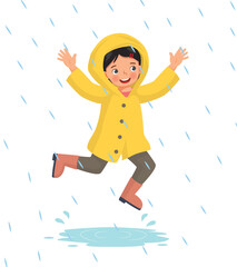 Cute little girl wears raincoat playing jumping  in the rain