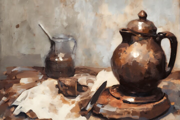 oil painting, old dishes, picture for printing , picture for printing on the wall