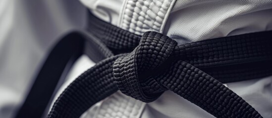 Black belt knot in taekwondo martial sport uniform. - obrazy, fototapety, plakaty