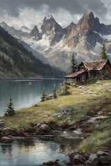 Oil painting, beautiful landscape, lake in the background, mountains and an old cottage , picture for printing on the wall
