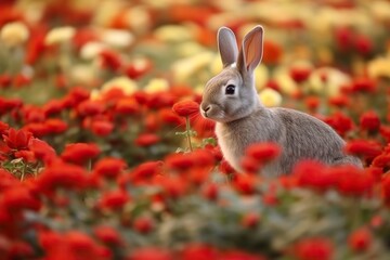 Rabbit on background of red_ flowers symbolizing chinese New Year