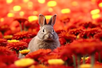 Rabbit on background of red_ flowers symbolizing chinese New Year