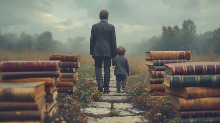 Father and son walking on a path surrounded by books - obrazy, fototapety, plakaty