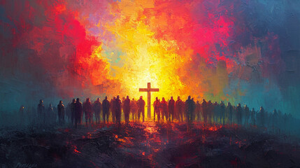 Road to the Cross, Christian symbol, people go to the cross, illuistration - obrazy, fototapety, plakaty