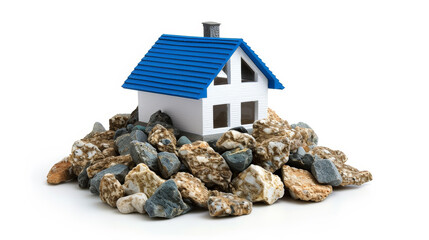 Whimsical Homestead: Miniature House with Blue Roof on Stones. Generative AI