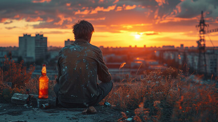 Depressed man drinking alcohol outdoors in the evening - obrazy, fototapety, plakaty